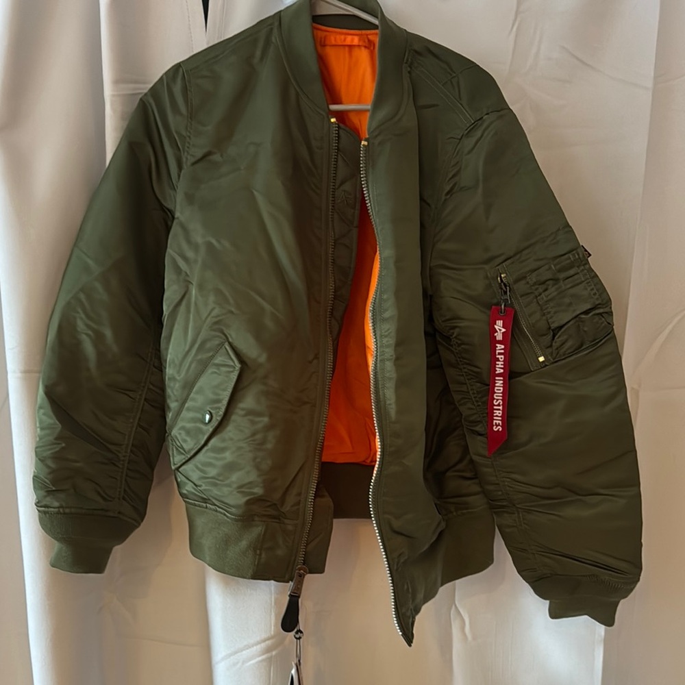 Alpha Industries Green and Orange Bomber Jacket with Ribbed Collar